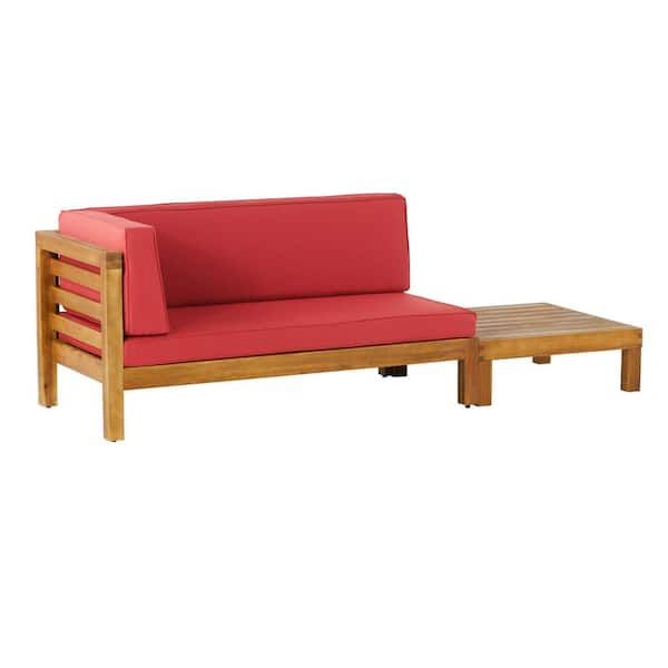 Noble House Kaena Teak 2-Piece Wood Left-Armed Patio Conversation Set with Red Cushions