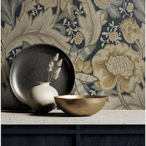 Midnight Blue and Beige Acanthus Garden Unpasted Nonwoven Paper Wallpaper Roll 57.5 sq. ft.