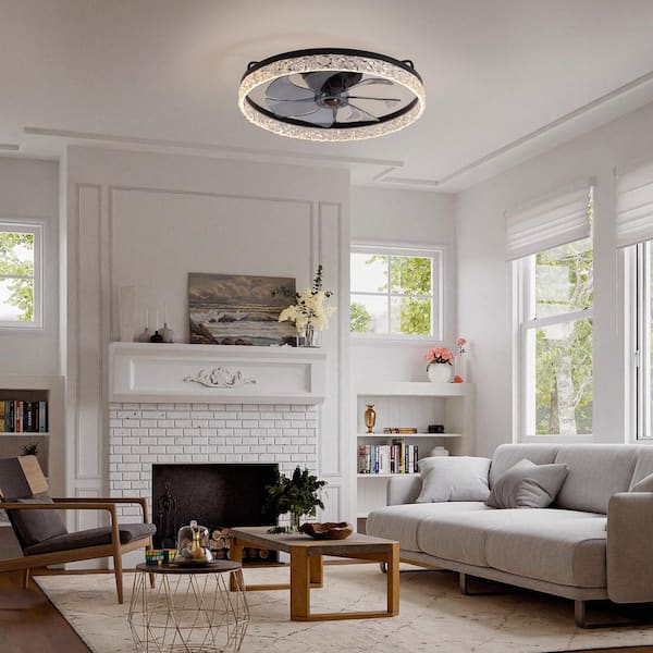 24 in. Indoor Black Drum Low Profile Ceiling Fan with Crystal LED Light Remote Control Modern Flush Mount