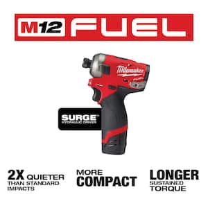 M12 FUEL SURGE 12V Lithium-Ion Brushless Cordless 1/4 in. Hex Impact Driver Compact Kit with M12 Right Angle Drill