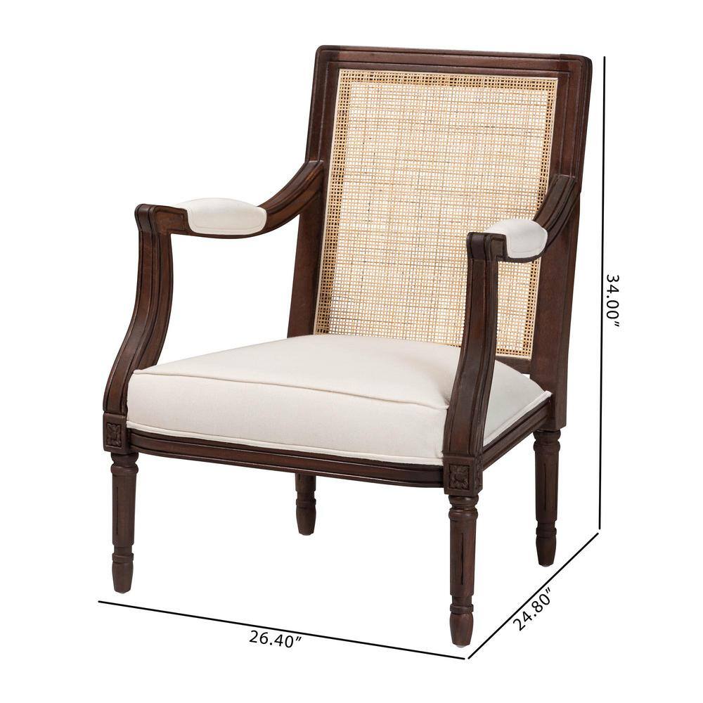 Traditional French Dark Brown Wood and Beige Fabric Accent Chair