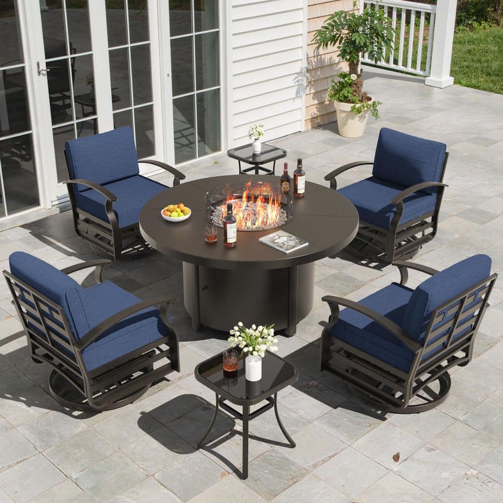 LOGOS FIRE TABLE + QUATTRO POD（STAND）SET Zerpod 7-Piece Metal Round Fire Pit Table Outdoor Dining Set with