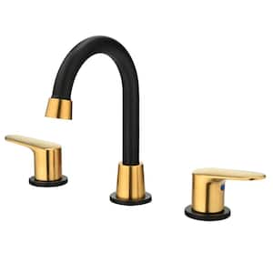 8 in. Widespread Double Handle Bathroom Faucet with Drain Kit Inclued in Gold and Black