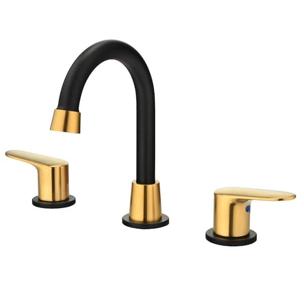 Aleasha 8 In Widespread Double Handle Bathroom Faucet With Drain Kit Inclued In Gold And Black