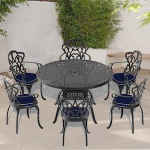 7-Piece Black Cast Aluminum Outdoor Dining Set, Patio Furniture with 47.24 in. Round Table and Random Color Cushions
