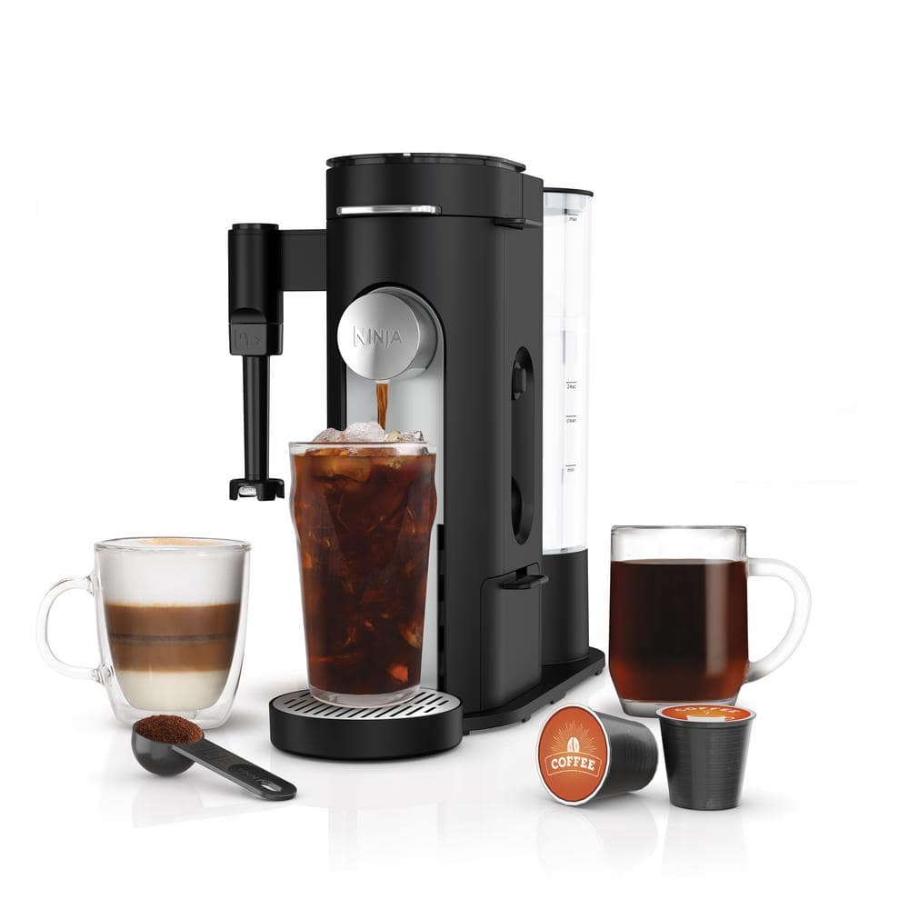 Black Single-Serve Coffee Maker with Integrated Milk Frother