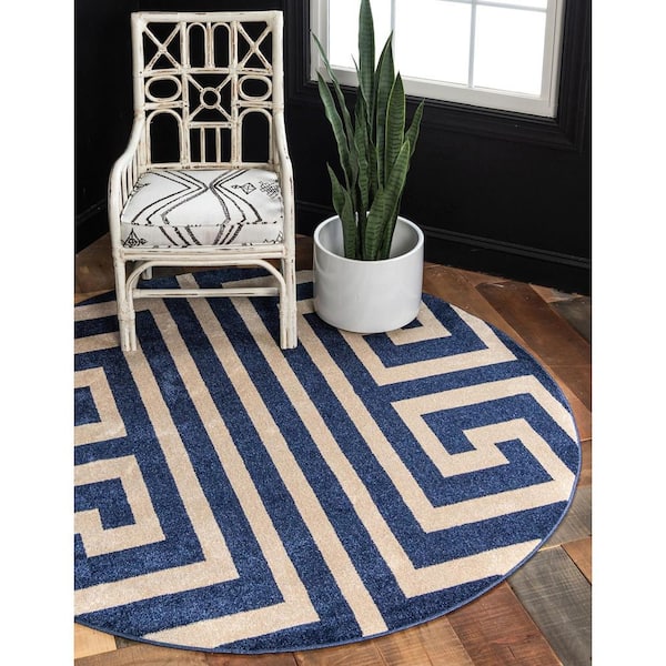 Athens Greek Key Navy Blue 6' 0 x 6' 0 Round Rug