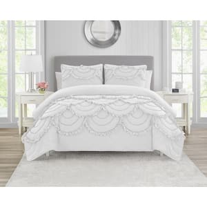 Scallop Ruffle White 3-Piece Garment Washed Soft Solid Microfiber Full/Queen Quilt Set