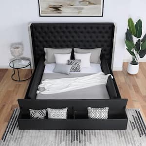 Demartin Black Faux Leather Wood Frame Queen Platform Bed with 3-Storage Bench and Care Kit