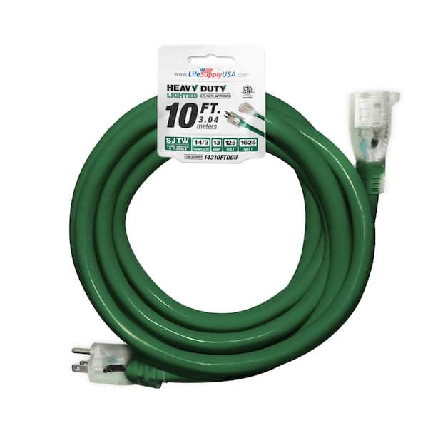 LifeSupplyUSA 10 ft. 14/3 SJTW 15 Amp 125-Volt 1875-Watt Green Indoor/Outdoor Heavy-Duty with Lighted End Extension Cord