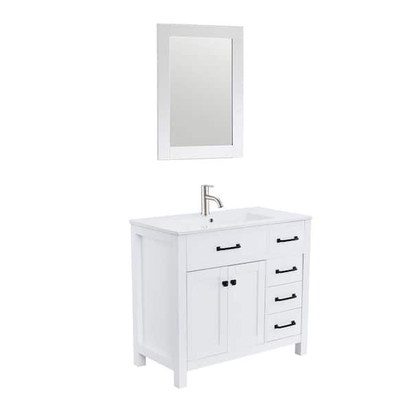 Maincraft 35.43 in. W x 17.83 in. D x 32.08 in. H Single Sink Bath Vanity in White with White Ceramic Top and Mirror