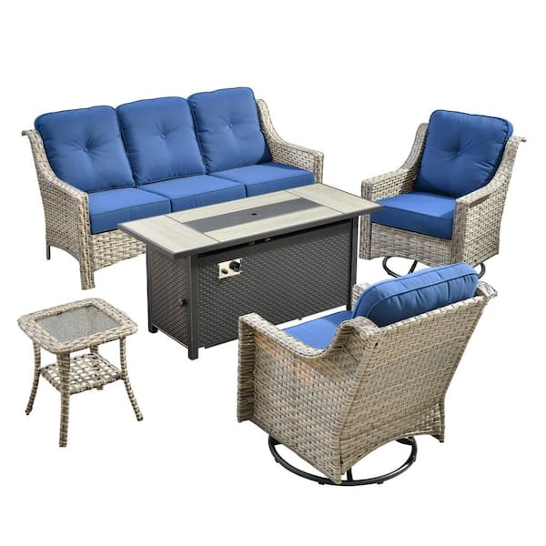 Blanche 5-Piece Wicker Patio Rectangular Fire Pit Set with Navy Blue Cushions and Swivel Rocking Chairs