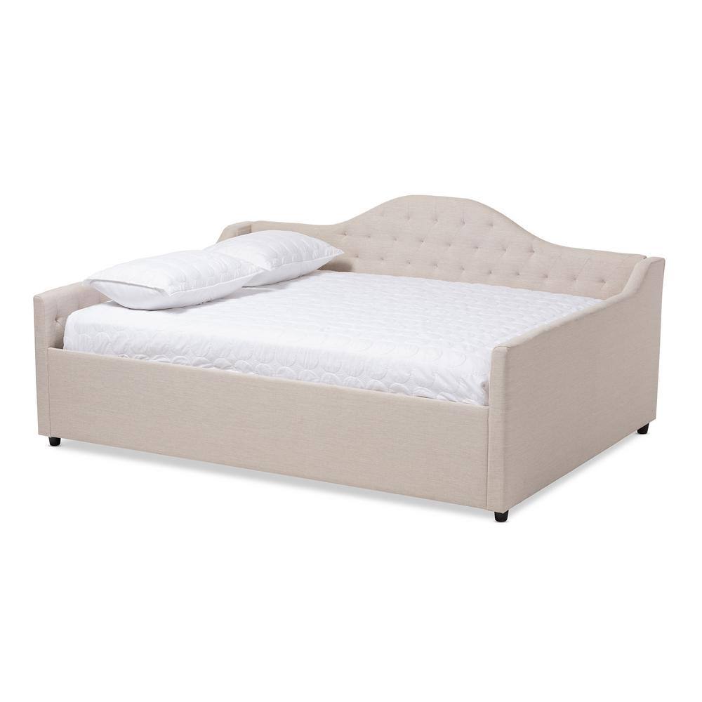 Light Beige Full Size Upholstered Daybed with Tufted Headboard