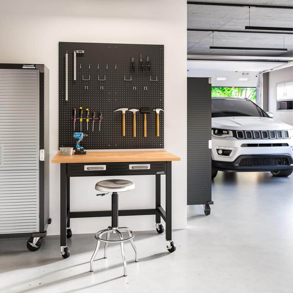 UltraGraphite Solid Wood Top Workbench on Wheels with Steel Drawer