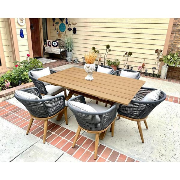 PURPLE LEAF Teak-Finish 7-Piece Wicker Square Aluminum Frame Outdoor Dining Set and Pillows with Beige Cushions