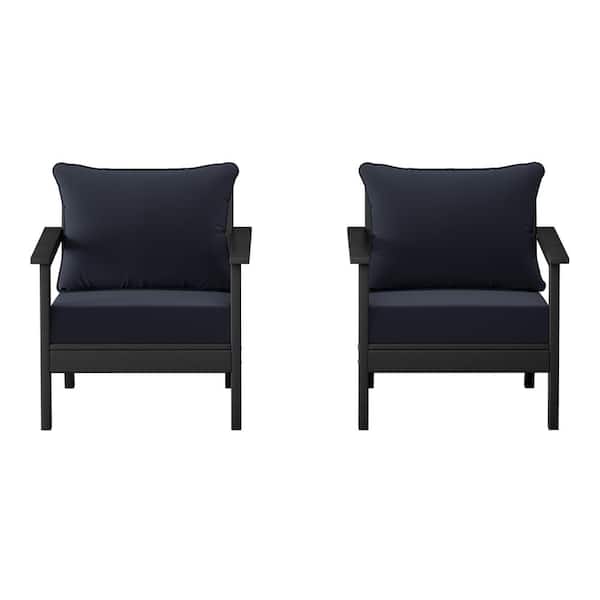 Birchwood Black Outdoor Patio (Set of 2) Deep Seating HDPE Lounge Chairs w/ Navy Blue Cushions