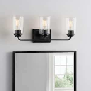 Evangeline 23 in. 3-Light Matte Black Farmhouse Bathroom Vanity Light with Clear Seeded Glass Shades