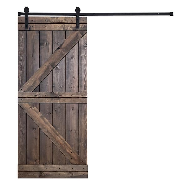 AIOPOP HOME K-Bar 30 in. x 84 in. Otter Brown Stained Knotty Pine Wood DIY Sliding Barn Door with Hardware Kit
