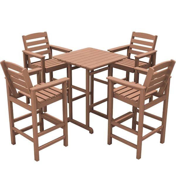 5-Piece HDPE Outdoor Patio Bar Set, Oversize Tall Adirondack Bar Chair and Table Set, Teak