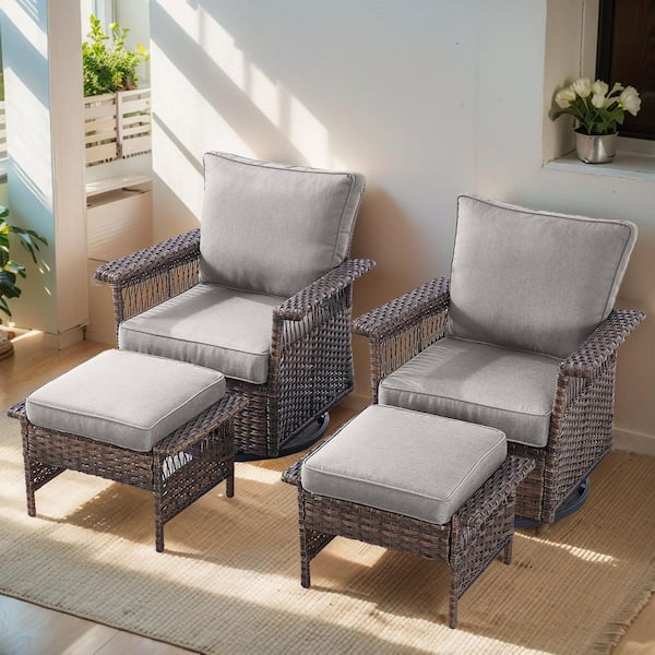 Pocassy Seagull Collection 4-Piece Wicker Patio Conversation Seating Set and Ottoman with Gray Cushions