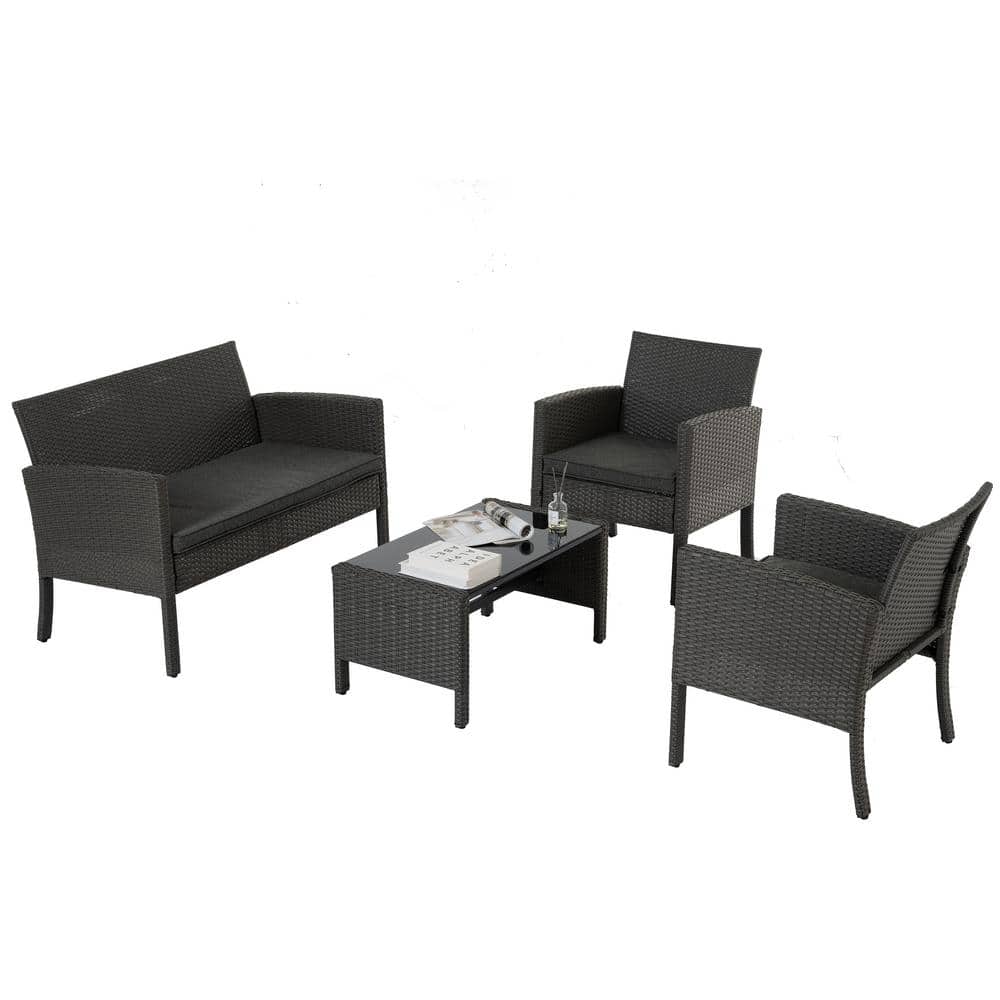 4 Pieces Wicker Patio Conversation Set with Grey Cushions with Coffee Table