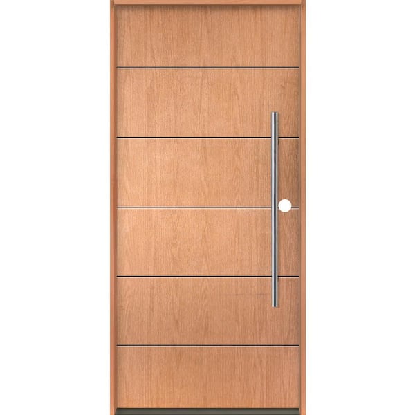 Krosswood Doors TETON Modern Faux Pivot 36 in. x 80 in. Left-Hand/Inswing 6-Grid Solid Panel Teak Stain Fiberglass Prehung Front Door