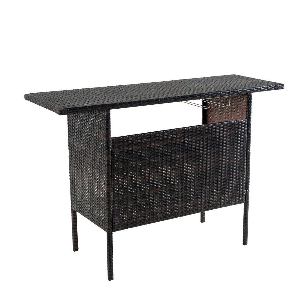 Zeus & Ruta Brown Iron PE Wicker Patio Outdoor Bar Counter Table with ...