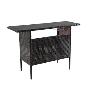 Brown Iron PE Wicker Patio Outdoor Bar Counter Table with Two Steel Shelves and Two Sets of Rails for Backyard