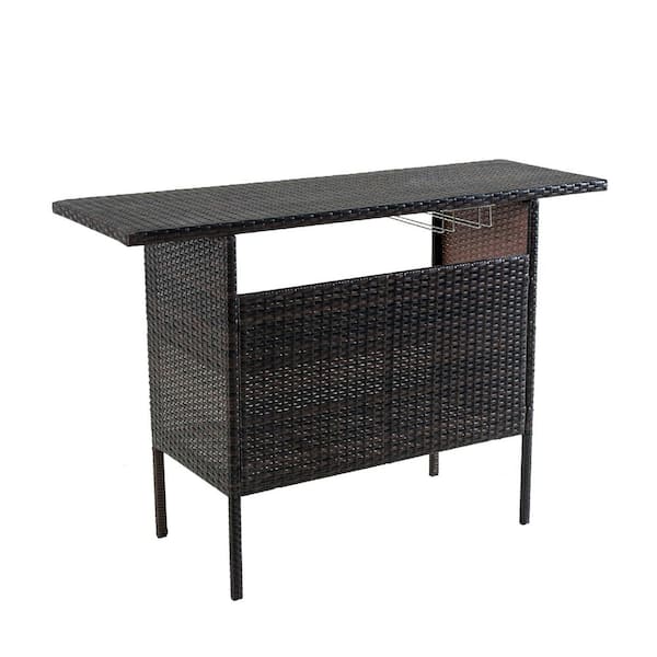 Zeus & Ruta Brown Iron PE Wicker Patio Outdoor Bar Counter Table with Two Steel Shelves and Two Sets of Rails for Backyard