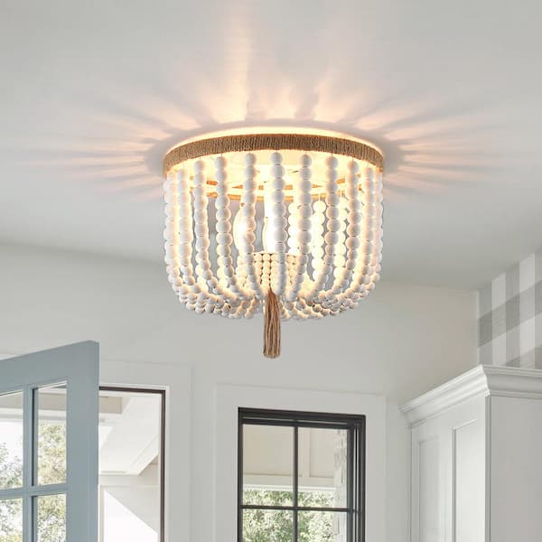 12.6 in. 3-Light Bohemia Antique White Wood Beaded Flush Mount Ceiling Light with Brown Rope Tassel