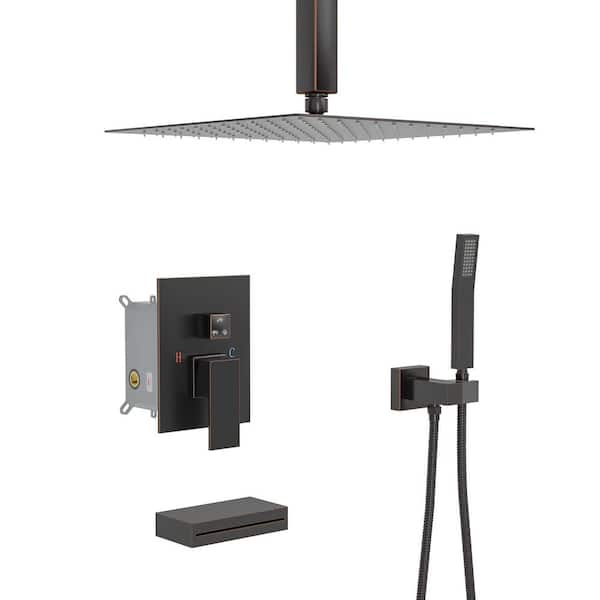 3-Spray 12 in. Ceiling Mount Dual Rainfall Shower Head and Handheld Shower Head in Oil Rubbed Bronze with Tub Filler