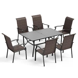 7-Piece Metal Patio Outdoor Dining Set with Slat Table and Brown Rattan High Back Chairs