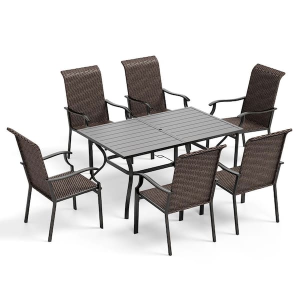PHI VILLA 7-Piece Metal Patio Outdoor Dining Set with Slat Table and Brown Rattan High Back Chairs