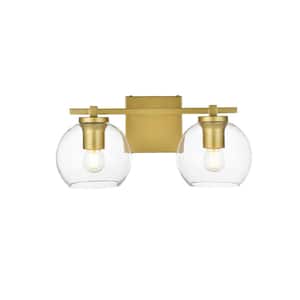 Simply Living 15 in. 2-Light Modern Brass Vanity Light with Clear Round Shade