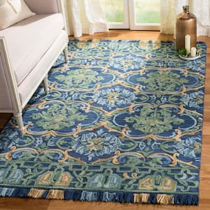 Blossom Navy/Green 4 ft. x 4 ft. Border Square Area Rug