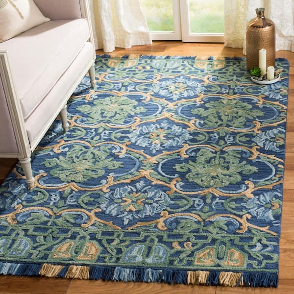 Blossom Navy/Green 9 ft. x 12 ft. Border Area Rug