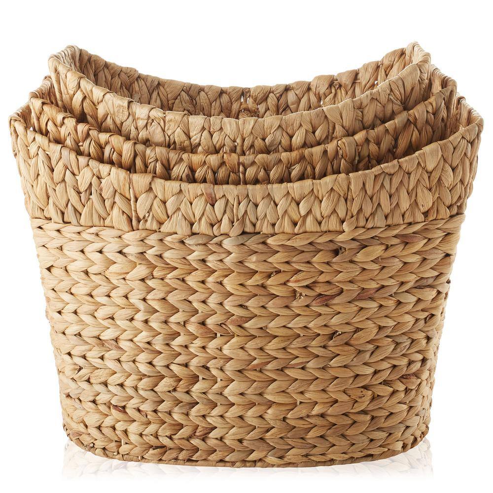 Set of 3 Natural Water Hyacinth Oval Storage Baskets with Handles