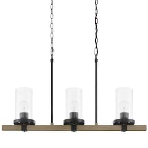 Richland 32 in. W 3-Light Grey Wood Finish Island Linear Pendant with Clear Seedy Glass