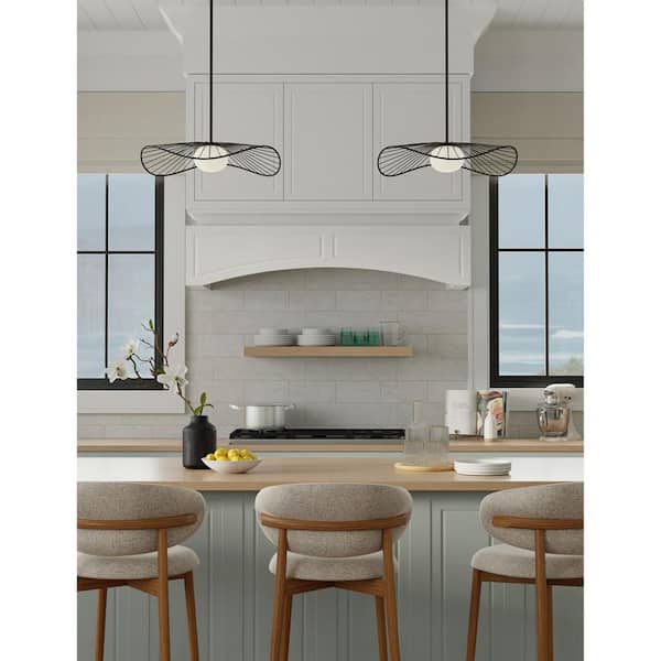 Langley 60-Watt 1-Light Dark Matte Black 24 in. Dia. Globe Pendant Light with Etched Opal Glass Shade, No Bulb Included