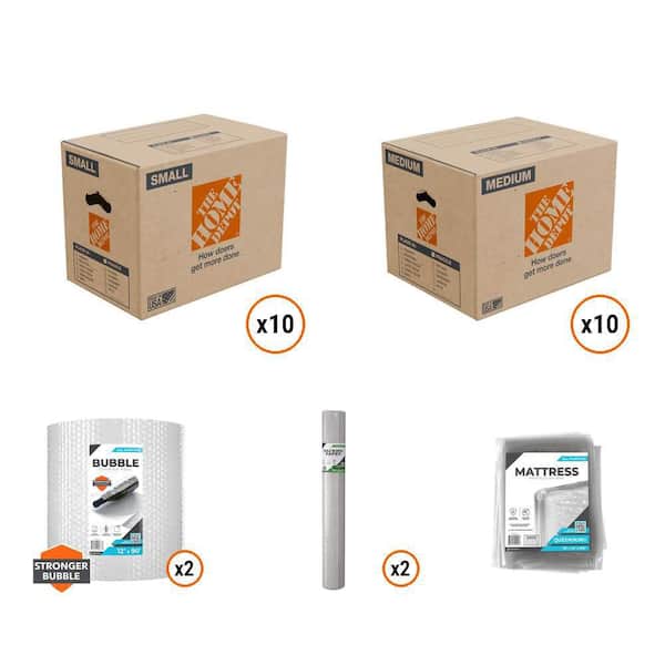 16 in. x 10 in. Small Box (10), 20 in. Medium Box (10), Bubble Cushion (2), Paper (140), Mattress Bag