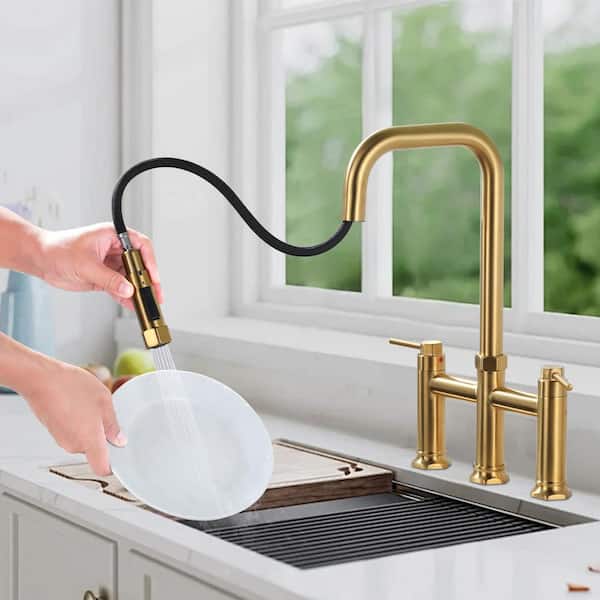 3-Hole 8 in. Double Handle Brass Bridge Kitchen Faucet with 2-Mode Pull Down Sprayer and Supply Lines in Gold