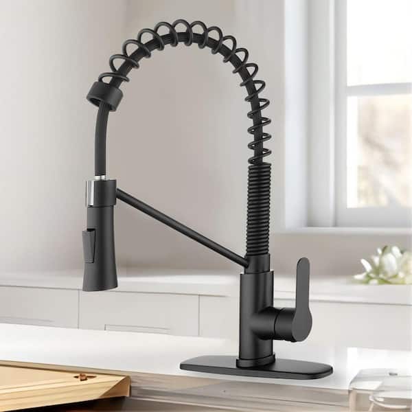 Single Handle Pull Down Sprayer Kitchen Faucet with Deckplate Included in Matte Black