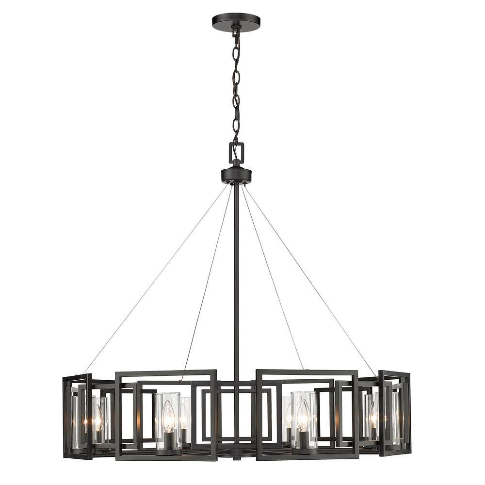 Matte Black Contemporary 8-Light Chandelier with Clear Glass Cylinders