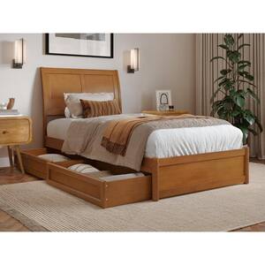 Andorra Light Toffee Natural Bronze Solid Wood Frame Twin XL Platform Bed with Panel Footboard and Storage-Drawers