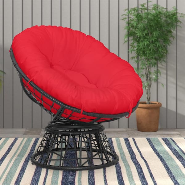Maypex Black Wicker Outdoor Swivel Papasan Chair with Red Cushion