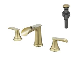 Waterfall 8 in. Widespread Double Handle Brass Bathroom Faucet with Pop Up Drain and Water Supply Hoses in Brushed Gold