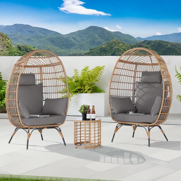 SANSTAR 3-Piece Patio Wicker Egg Chair Outdoor Bistro Set with Side Table, with Gray Cushion