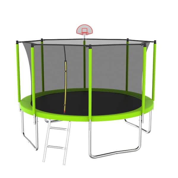 Unbranded 12 ft. Green Trampoline with Basketball Hoop and Ball Outdoor Recreational Trampolines with Safety Enclosure for Yard