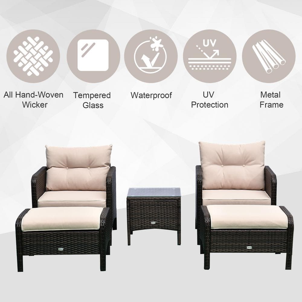 Elegant 5-Piece Rattan Wicker Patio Set with Cushioned Chairs & Glass Table, Brown