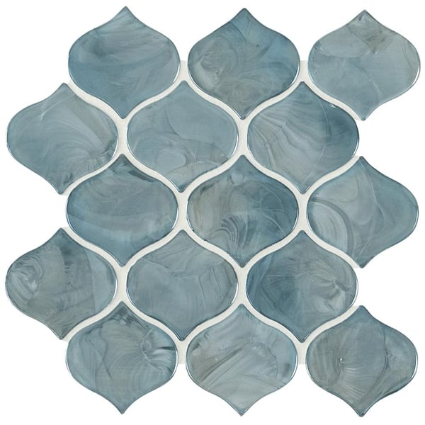 Blue Shimmer Arabesque 10 in. x 10.20 in. x 8 mm Glossy Glass Mesh-Mounted Mosaic Tile (7 sq. ft./Case)